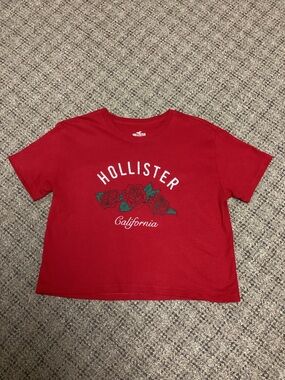 Hollister Red Cropped Tee with Embroidered Logo & Rose Graphic * Size Small